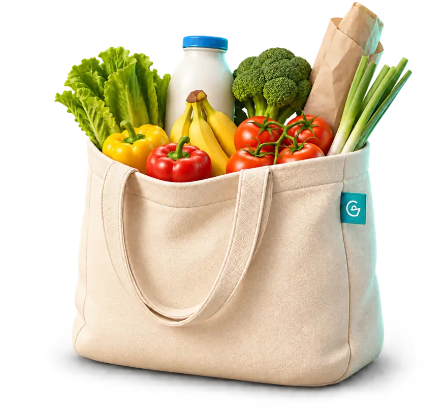 Sac de courses en toile rempli de légumes frais, de fruits et de lait